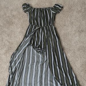 Dark green striped romper dress